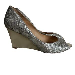 Badgley Mischka Womens Silver Gold Glitter Wedge Peep Toe Pump Heels Sz 10